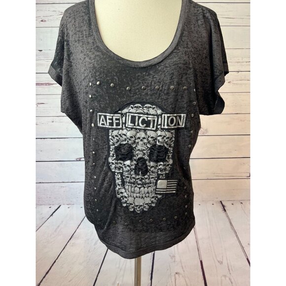 Affliction Skull Tee Shirt Small Burnout T-Shirt Studded Goth‎ Grunge Flag USA - Picture 5 of 7